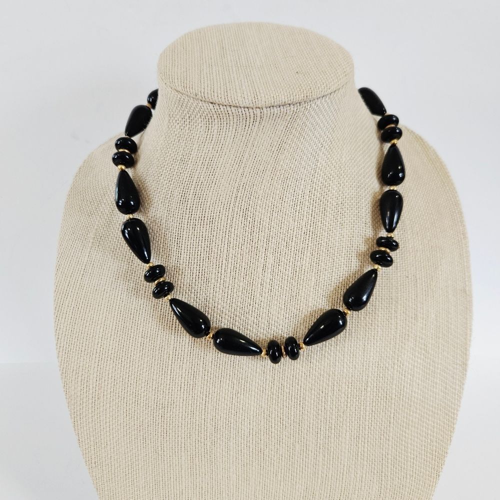 Vintage Trifari Black Lucite Gold Chunky Oblong Abstract Beaded Necklace 18"